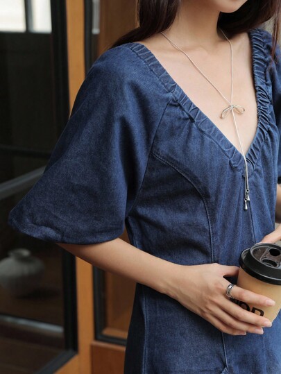 K-Vae Women's Dark Denim Blue Fall Homecoming Dress ,Korean Style Dress, Airport Outfit Women,Teacher Outfits Dress For Women,School Clothes,Old Money Style