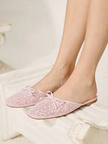 CUCCOO CHICEST Sandale plate cu vârf pătrat, din material PU, cu toc de 1 cm, roz, cu fundă țesută, la modă și confortabile, potrivite pentru vacanță