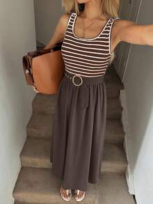 SHEIN LUNE Rochie de vară pentru femei, fără mâneci, cu dungi, model patchwork - Maro - Vizualizare 5