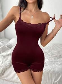 CovetEZ Bộ đồ liền thân ôm vừa vặn bằng vải ren Burgundy chắp vá dành cho nữ - Màu Đỏ Sâu - Xem 4