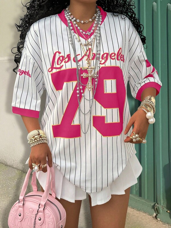 INAWLY Plus Size Women Casual Loose Letter & Stripe V Neck Short Sleeve T-Shirt Graphic Tees Women Tops