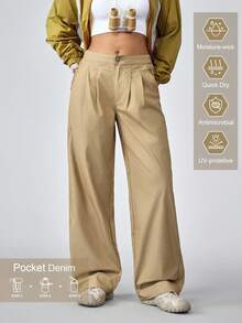 Pantaloni in jeans a gamba ampia, casual e versatili, di colore unito, adatti per escursioni all'aperto, con protezione solare, leggeri e ad asciugatura rapida, con tasche, pantaloni in denim a gamba ampia - Cachi - Visualizzare 1