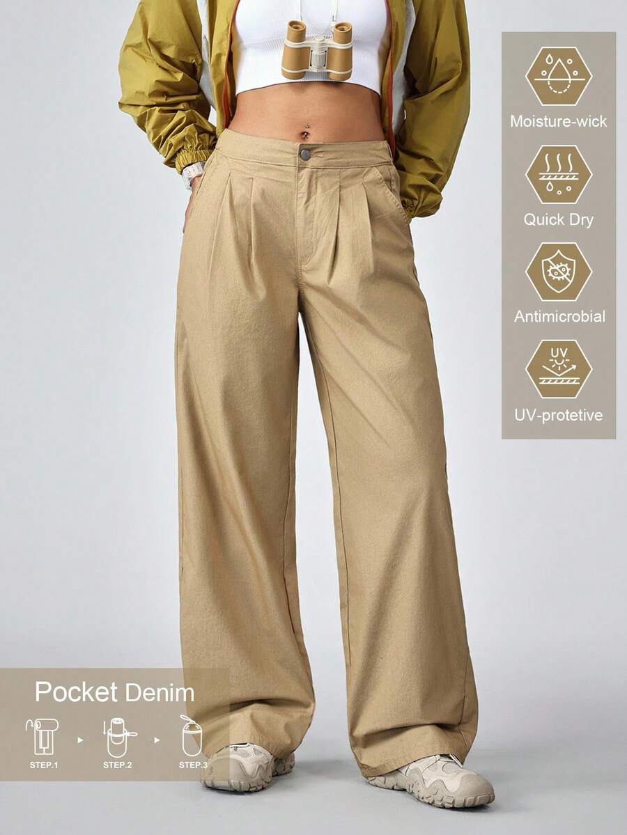 Pantaloni in jeans a gamba ampia, casual e versatili, di colore unito, adatti per escursioni all'aperto, con protezione solare, leggeri e ad asciugatura rapida, con tasche, pantaloni in denim a gamba ampia - Cachi - Visualizzare 1
