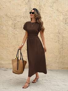 SHEIN Frenchy 女式休闲纯色束腰中长连衣裙 - 棕色 - 查看 1