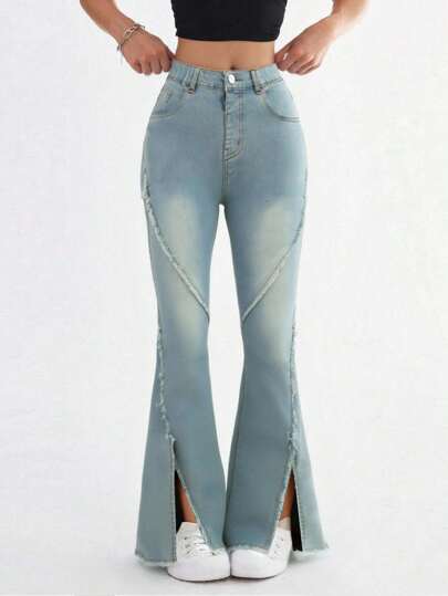 Girls' Y2K Vintage Washed Slim Fit Flare Jeans With Patchwork & Frayed Hem Design, Casual & Fashionable For Daily Wear