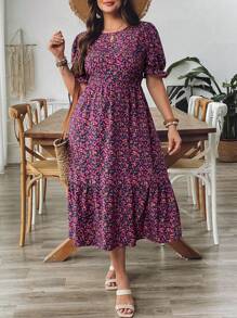 SHEIN VCAY 大码女式花卉印花圆领短款泡泡袖休闲连衣裙 - 彩色 - 查看 5