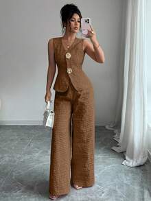 Selianne Bộ 2 món họa tiết thanh lịch dành cho nữ, màu hồng, mùa hè - màu nâu - Xem 4