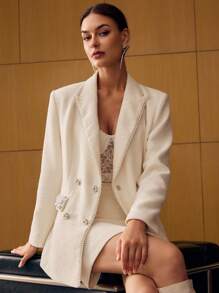 MOTF PREMIUM 粗花呢尖领人造珍珠和水钻细节西装外套 - 紅色 - 查看 6