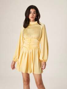 Modelyn Women's Elegant Stand Collar Ruched Waist A-Line Yellow Mini Dress - Yellow - View 5