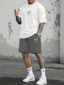 Manfinity Homme 2 件男士休闲圆领短袖 T 恤和抽绳短裤套装 - 彩色 - 查看 3