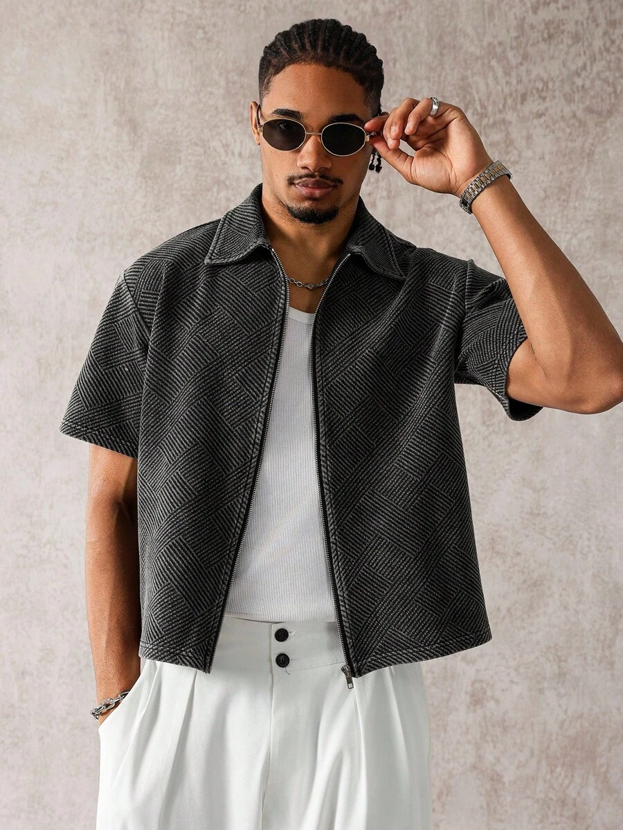 Manfinity EMRG 男士休闲酸洗短袖衬衫 - 黑色 - 查看 1