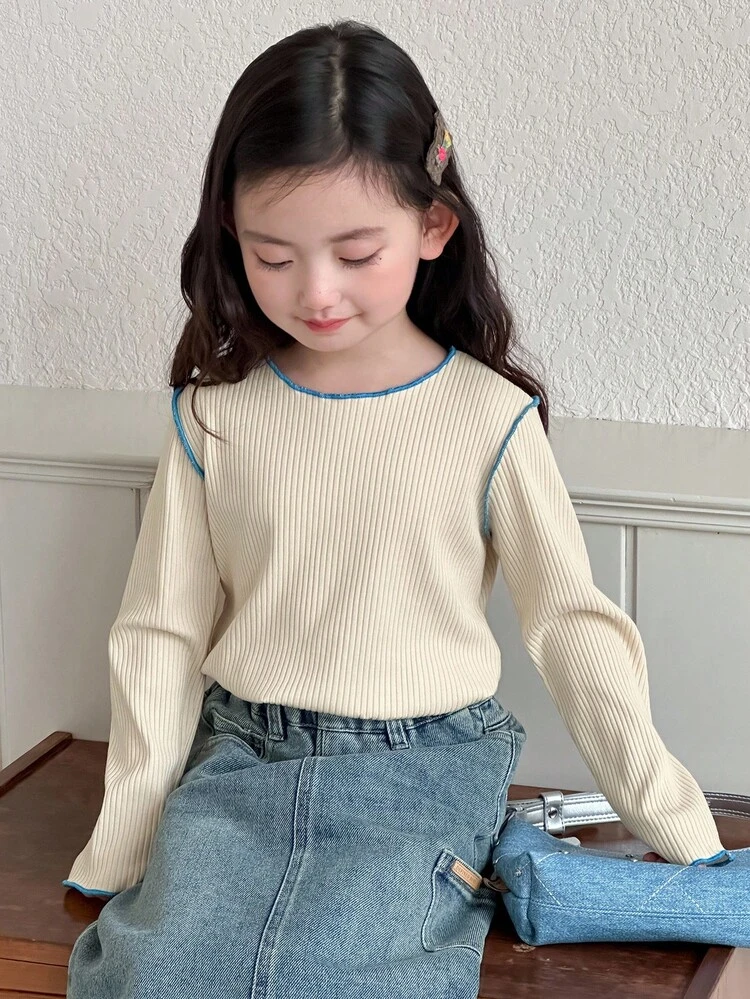 Young Girls Decorative Contrast Color Long Sleeve T-Shirt, Spring/Autumn