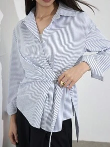 Heiryn Women's Casual Commuter Striped Tie-Wrap Shirt School Blouse Work Blouse - Blue and White - View 1