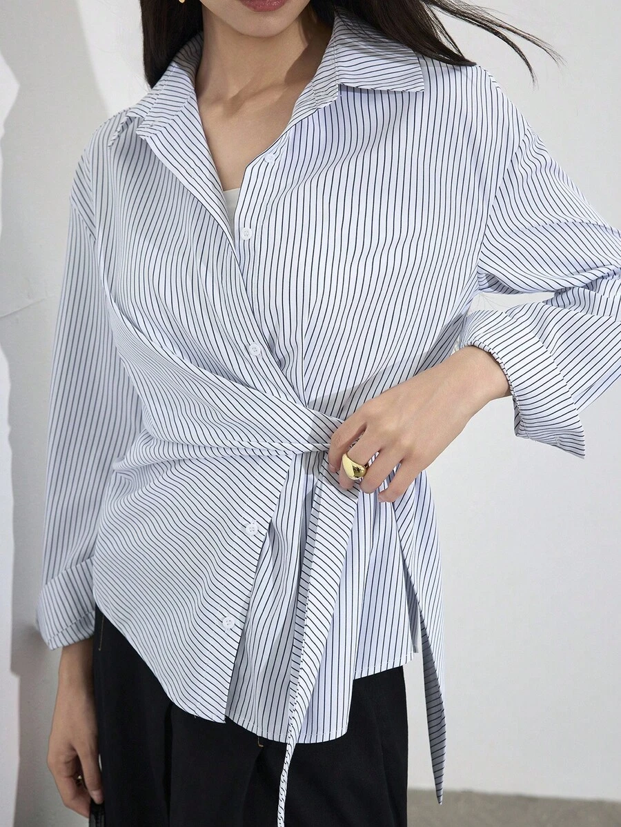 Heiryn Women's Casual Commuter Striped Tie-Wrap Shirt School Blouse Work Blouse - Blue and White - View 1