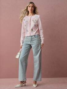 Enchnt 秋冬浪漫女士花卉刺绣长袖针织开衫，时尚优雅，适合派对、约会、节日、毕业典礼、外出、万圣节、圣诞节、秋季、新年等场合。 - 粉色 - 查看 6