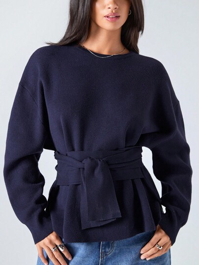 LYSMO 2025 Autumn And Winter New Style/Women's Solid Color Round Neck Drop Shoulder Long Sleeve Waist Tie Casual Sweater/Fall Women Clothes/Fall Outfits Women /Fall Tops/Winter Clothes For Women/ Back To School/Back To School Clothes/Back To School Outfits Women/Tops For School/Homecoming/Halloween/Halloween Clothes/Halloween Clothes Women/Halloween Costumes Women/Halloween Costume/Christmas Clothes/Teacher Outfits/Going Out Tops Women/Date Night Outfits Women/Tops For Going Out/Business Casual Woman/Gothic Women Clothes/Basic Tops/Korean Style/BOHO/Y2K/Navy Blue, Women's Sweater,