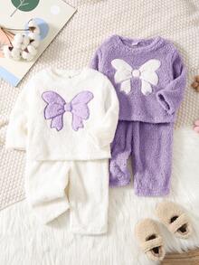 SHEIN 4pcs Baby Girl Minimalist Bow Embroidered Round Neck Long Sleeve & Pants Soft Comfortable Double-Sided Fleece Pajama Set, Autumn/Winter Fall - Multicolor - View 1