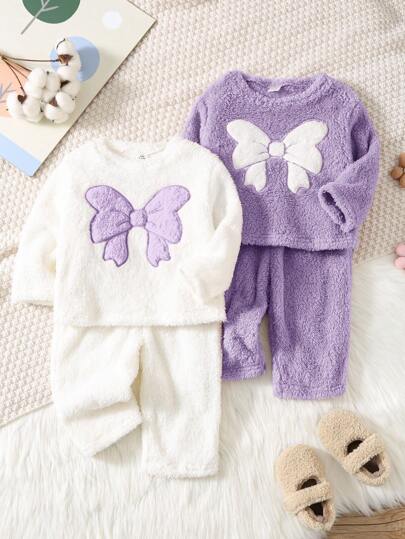 SHEIN 4pcs Baby Girl Minimalist Bow Embroidered Round Neck Long Sleeve & Pants Soft Comfortable Double-Sided Fleece Pajama Set, Autumn/Winter Fall