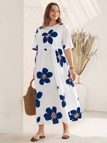 Rosumi 大码夏季优雅花卉印花宽松不对称口袋连衣裙 - 彩色 - 查看 4