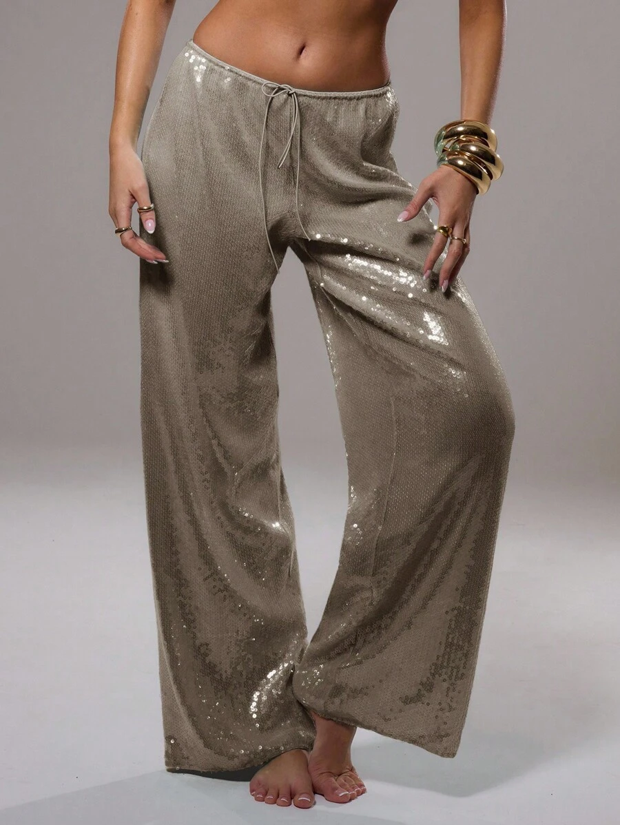 MUSERA Sequin Low Rise Trousers Vacation Summer Ibiza Fits  Party Sparkly Fall - Khaki - View 1