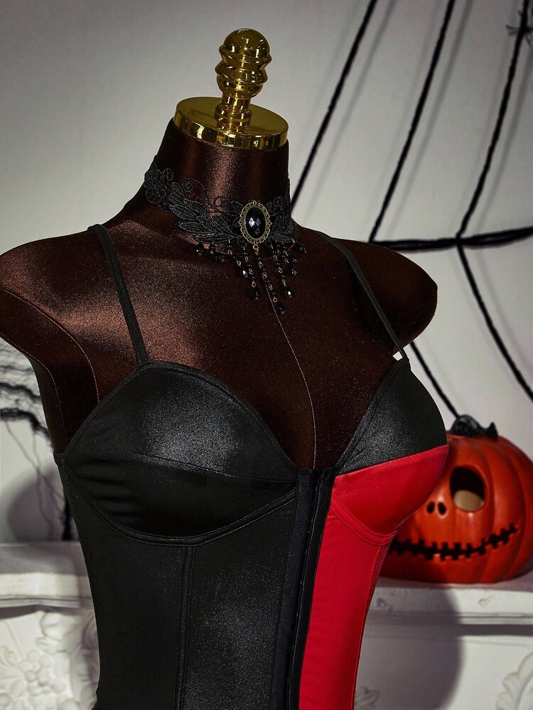 Amplova Bộ 2 trang phục chú hề Halloween với áo crop top chắp vá màu tương phản và chân váy mini xếp ly rộng - Đỏ - Xem 5