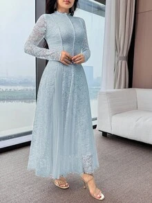Feyla Women's Floral Lace Frill Trim Stand Collar Long Sleeve Elegant Dress - Blue - View 6