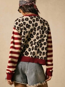 Easelle Round Neck Drop Shoulder Patterned Cardigan In Knitwear With Wrist-Length Sleeves And Bold Style Leopard Print Cardigan Women Crop Cardigan Women Striped Cardigan Women Animal Print Cardigan Women Cropped Cardigan Sweater,Fall Clothes For Women - Multicolor - View 2