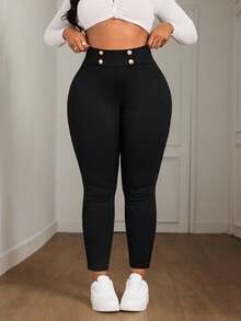 SHEIN PETITE CURVE Plus Size Women's Black Fashion Button Decor Casual High Waist Slimming Leggings, Suitable For Autumn/Winter Petite Pants For Women 2 Piece Sets Women Pants Petite Curve Pants Curve Pants Set - Black - View 6