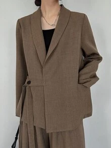 FRIFUL 女士纯棕色休闲商务套装，适合秋季穿着 - 咖啡棕 - 查看 4