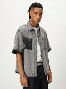 ROMWE MEN Prep Camisa vaquera de manga corta con botones para hombre - Gris Claro - Ver 3