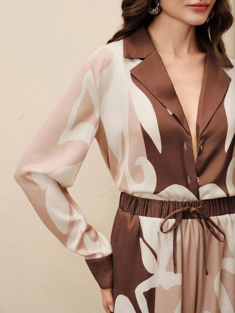 2pcs Coffee Brown Fashionable Casual Chic Printed Wide Leg Pants Suit For Women, Autumn/Winter