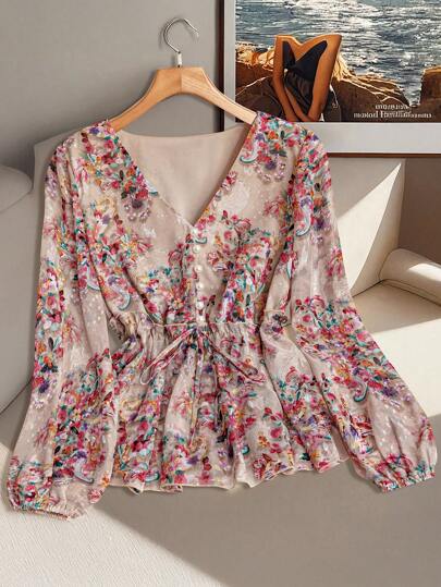 GlowEve CURVE Women's Plus Size Chiffon Cutout V-Neck Ruffle Sleeve Cinched Waist Elegant Blouse Fall Cloth For Women