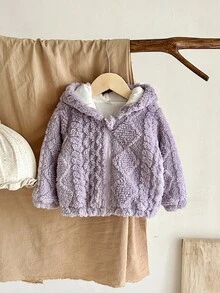 SHEIN Chaqueta casual holgada con capucha forrada térmicamente, de jacquard reversible, para niña bebé, color morado - Morado - Ver 6