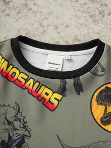 Discovery X SHEIN Tween Boy Cartoon Dinosaur Contrast Rib Knit Loose Crew Neck Sweatshirt - Army Green - View 4