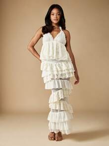 MISSGUIDED 分层荷叶边长裙网眼嵌片维多利亚风格蕾丝细节派对婚礼宾客晚会特殊场合分层设计春夏系列 - 白色 - 查看 3