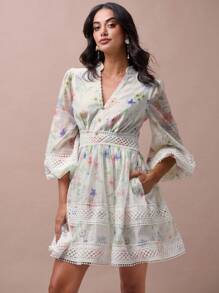 Enchnt Women's Light Green Elegant Autumn V-Neck Long Lantern Sleeve All-Over Print Lace Patchwork Short Dress,Sweet For Tea Party,Vacation,Wedding Guest - White - View 6