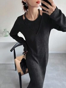 FRIFUL Women's Casual Commuter Solid Color Dress Long Sleeve Dress Ribbed Dress Knit Dress Women Dress Jumper Dress