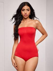 SuitURBody Women's Solid Color Minimalist Bandeau Bodysuit - Red - View 3