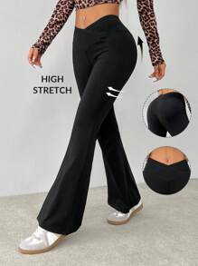 SHEIN PETITE Simple Solid Color Wrap High Waist Flared Pants - Black - View 11