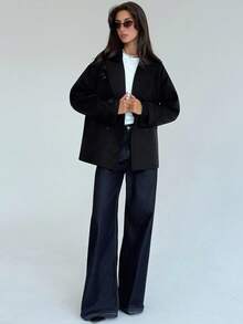 Aloruh Abrigo casual de mujer de unicolor, de doble botonadura, con hombros caídos y mangas largas, para otoño/invierno - Negro - Ver 4