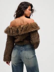 Aloruh 女士新款秋冬时尚露肩日常装复古套头衫修身翻领蓬松毛茸茸外套 - 棕色 - 查看 4
