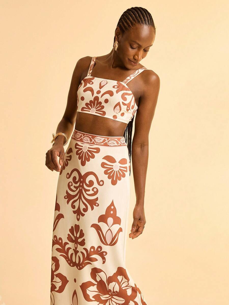 CAJUNI Chân váy chữ A dáng đứng in họa tiết Bohemian màu nâu đế màu mơ dành cho nữ, thích hợp cho kỳ nghỉ, bãi biển, hẹn hò, ngày lễ - Nhiều màu - Xem 1