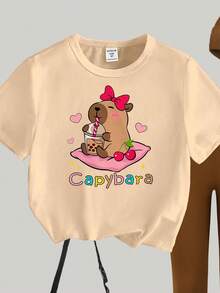 女童杏色T恤和卡其色打底裤休闲时尚创意卡通可爱水豚、卡皮巴拉桑、心形、蝴蝶结、樱花茶装饰彩色字母标语图形印花短袖T恤和裤子2件套 - 彩色 - 查看 7