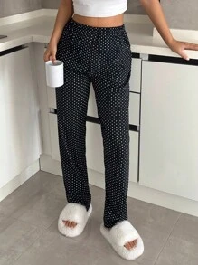 Pantalón de pijama de algodón para mujer con estampado a lunares de color contrastante