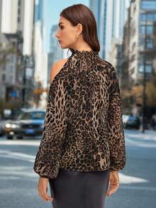 SHEIN Clasi Women's Elegant Brown Leopard Print Ruffle, Ruched Collar, Ruffle Lantern Sleeve Long Sleeve Blouse - Multicolor - View 2