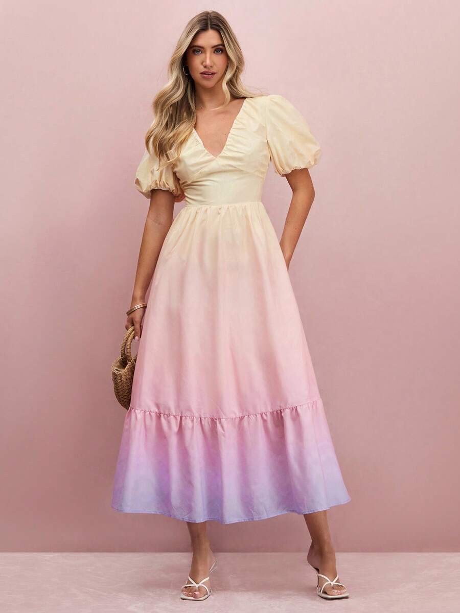 Enchnt 女士优雅渐变泡泡袖连衣裙，夏季 - 粉色 - 查看 1