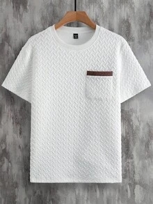 Manfinity Homme Men's Seasonal Trapezoidal Jacquard Fabric Short Sleeve T-Shirt With Contrast Pocket, Soft Collar Trim, Comfortable Ribbed Round Neck, Stylish Casual Wear For Gatherings, Vacation, Office, Dates, Great Gift For Boyfriend Or Husband