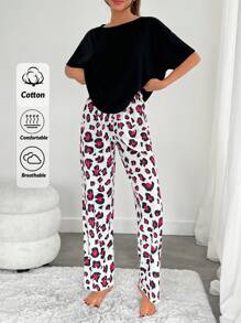 RueChic Women 2 Pcs High Quality Soft Touch Short Sleeve Shirt And Contrast Colour Leopard Pattern With Ribbbon Detail Sleep Bottom PJ Set - Black - View 1
