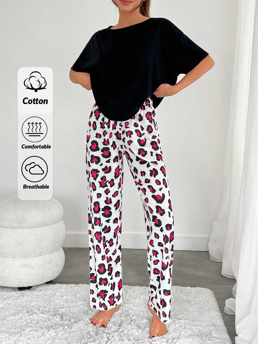 RueChic Women 2 Pcs High Quality Soft Touch Short Sleeve Shirt And Contrast Colour Leopard Pattern With Ribbbon Detail Sleep Bottom PJ Set - Black - View 1