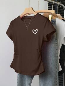 Women's Heart Print Round Neck Short Sleeve T-Shirt - Burgundy - View 5
